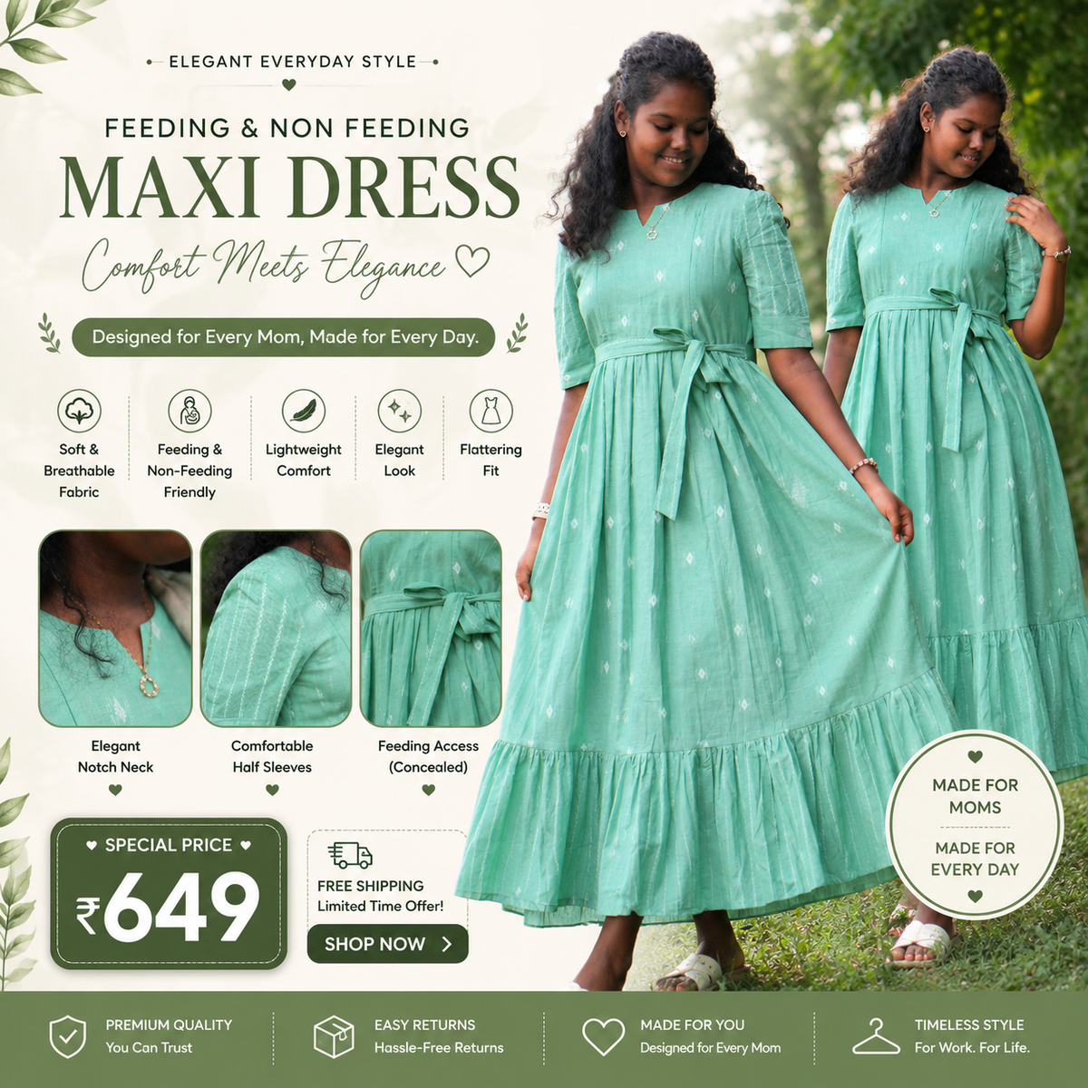 Mint Green Printed Maxi Dress – Feeding & Non-Feeding Wear