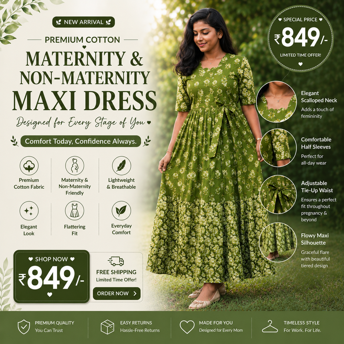Premium Cotton Olive Green Maxi Dress – Maternity & Non-Maternity