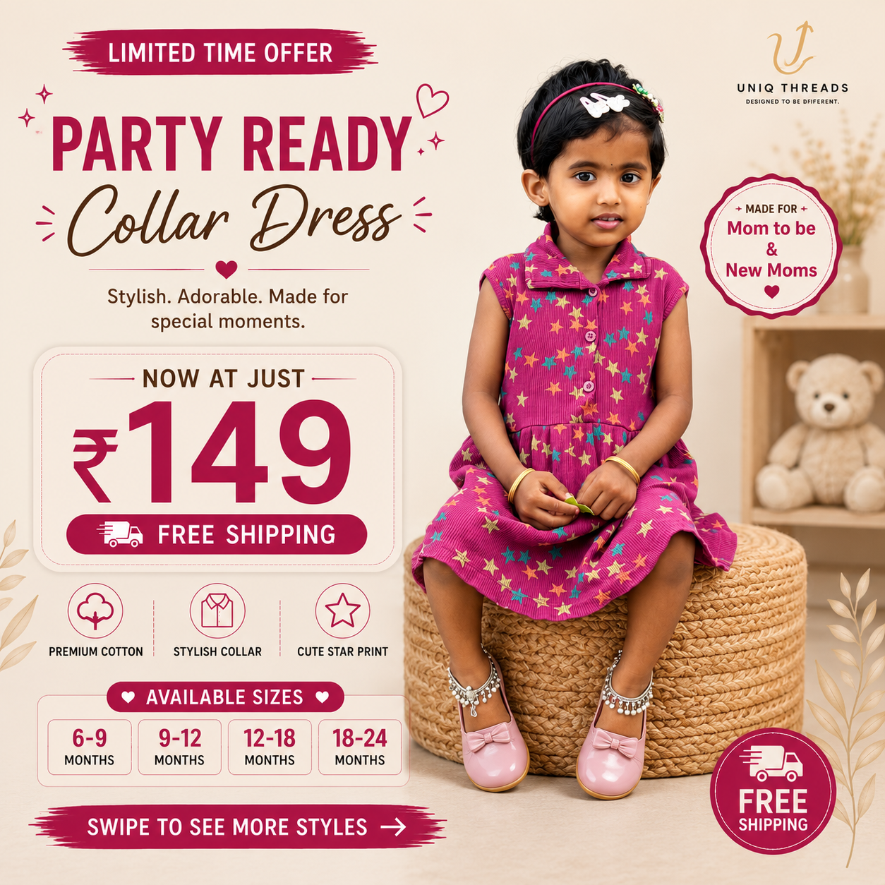 Baby Girl Star Print Collar Dress | Premium Cotton