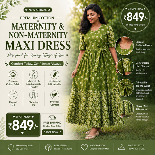Premium Cotton Olive Green Maxi Dress – Maternity & Non-Maternity