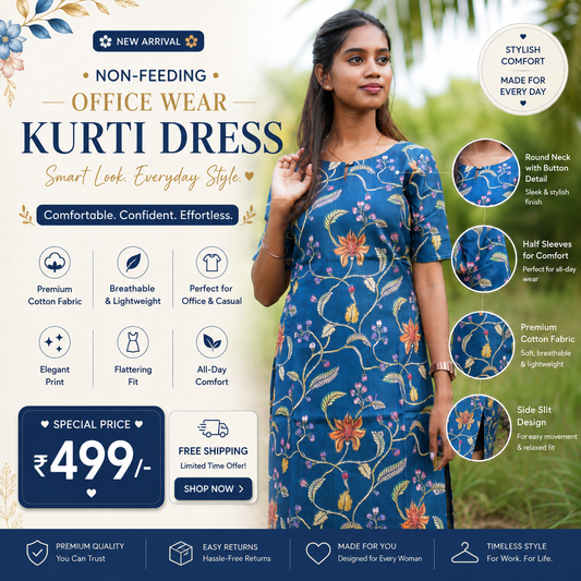 Blue Floral Cotton Kurti Dress – Premium Office & Casual Wear