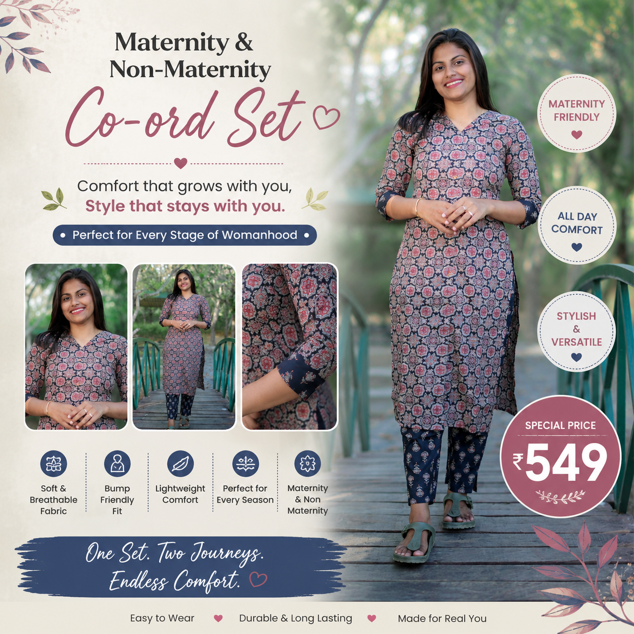 Women's Printed Cotton Co-Ord Set – Maternity & Regular Fit - Black