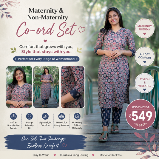 Women's Printed Cotton Co-Ord Set – Maternity & Regular Fit - Black