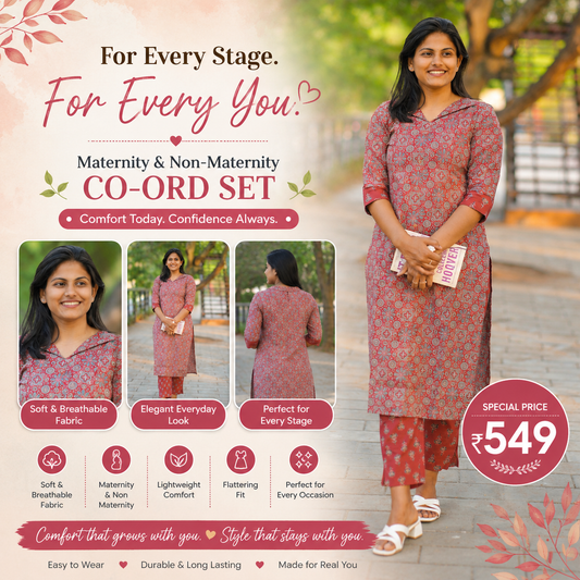 Women's Printed Cotton Co-Ord Set – Maternity & Regular Fit - wine