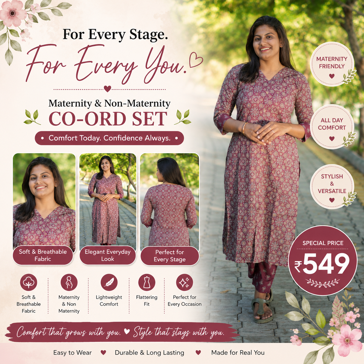 Women's Printed Cotton Co-Ord Set – Maternity & Regular Fit - Brown