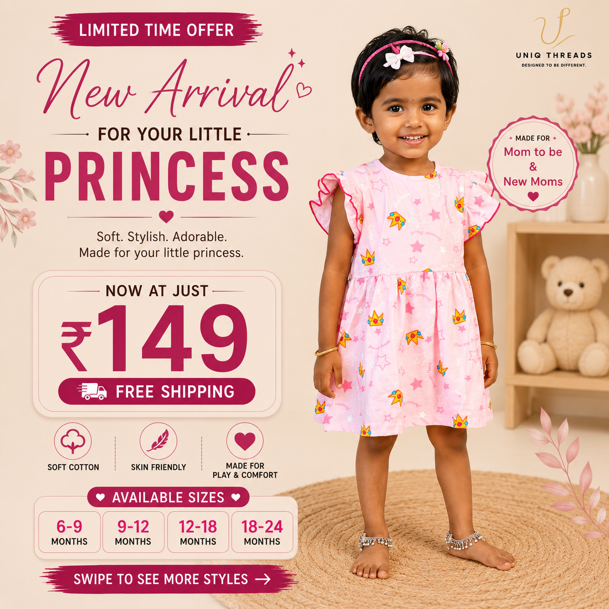 Little Princess Flutter Sleeve Dress | Soft Cotton Baby Girl Dress